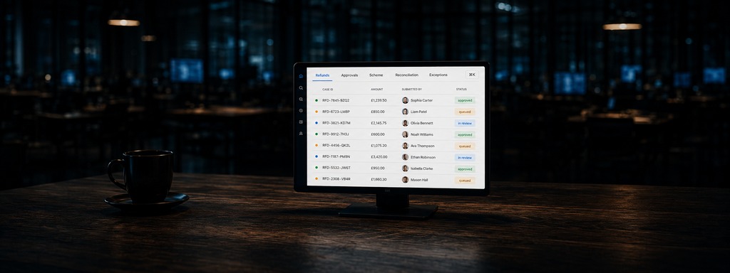 Admin console on a large monitor showing the rebuilt operations table with merchant rows and status indicators