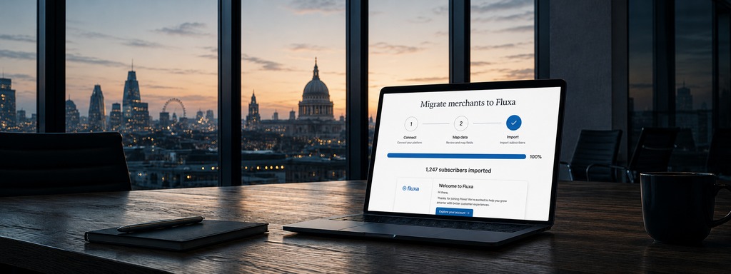 Laptop on a London office desk at dusk, showing the Fluxa merchant dashboard with the City skyline behind